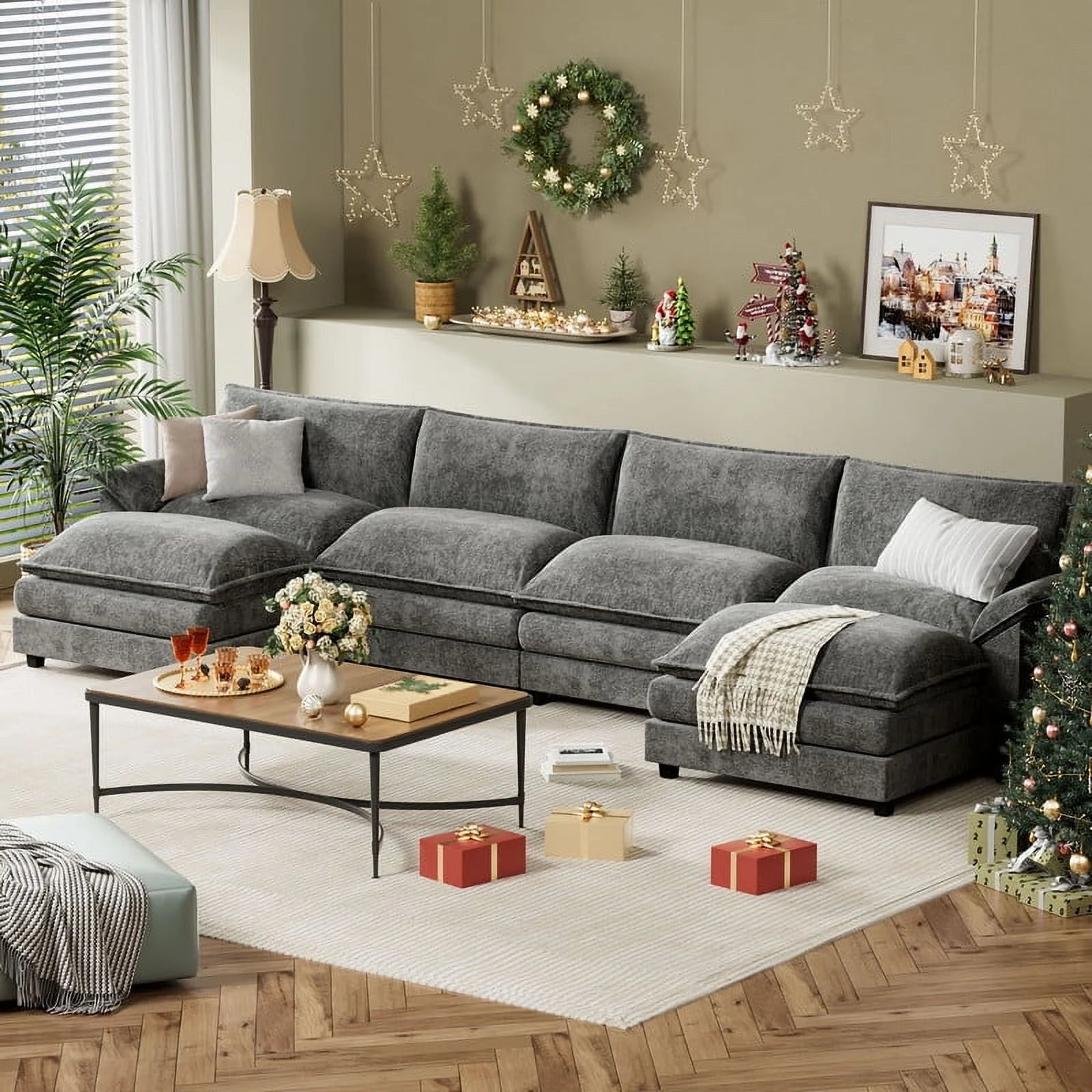 4 Seats U-Shaped Sectional Sofa with 2 Movable Ottomans for Living Room, Fabric Convertible Modular Couch, Gray
