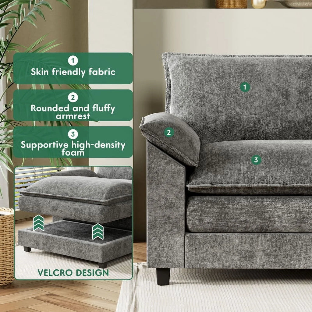 4 Seats U-Shaped Sectional Sofa with 2 Movable Ottomans for Living Room, Fabric Convertible Modular Couch, Gray