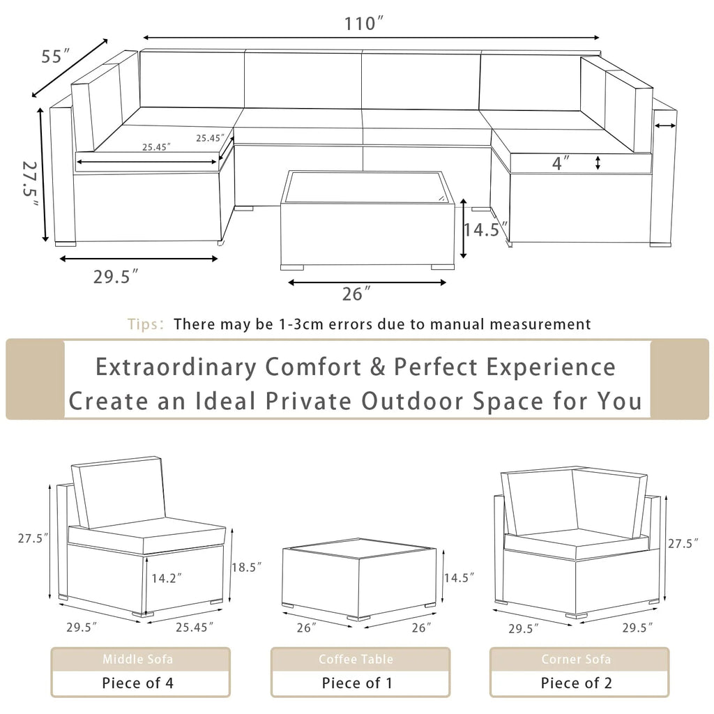 7 Piece Outdoor Patio Furniture Set PE Rattan Wicker Patio Sectional Sofa Conversation Set(Sand)