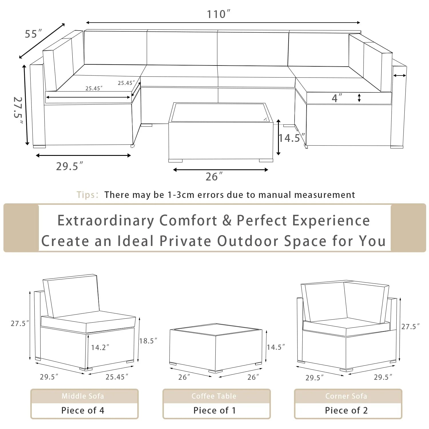 7 Piece Outdoor Patio Furniture Set PE Rattan Wicker Patio Sectional Sofa Conversation Set(Sand)