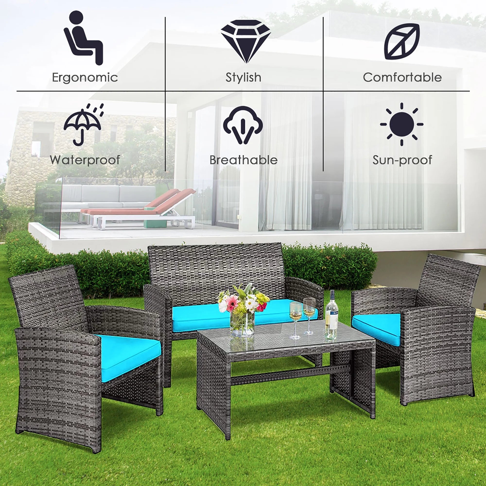 4PCS Patio Rattan Furniture Set Conversation Glass Table Top Cushioned