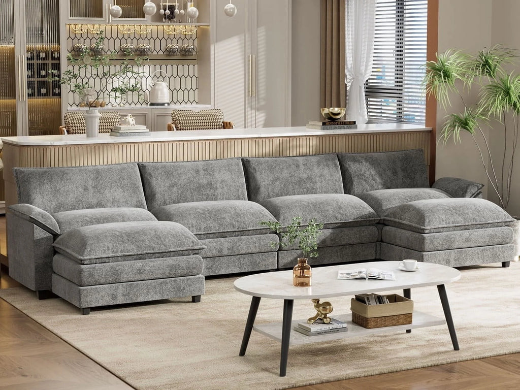 4 Seats U-Shaped Sectional Sofa with 2 Movable Ottomans for Living Room, Fabric Convertible Modular Couch, Gray