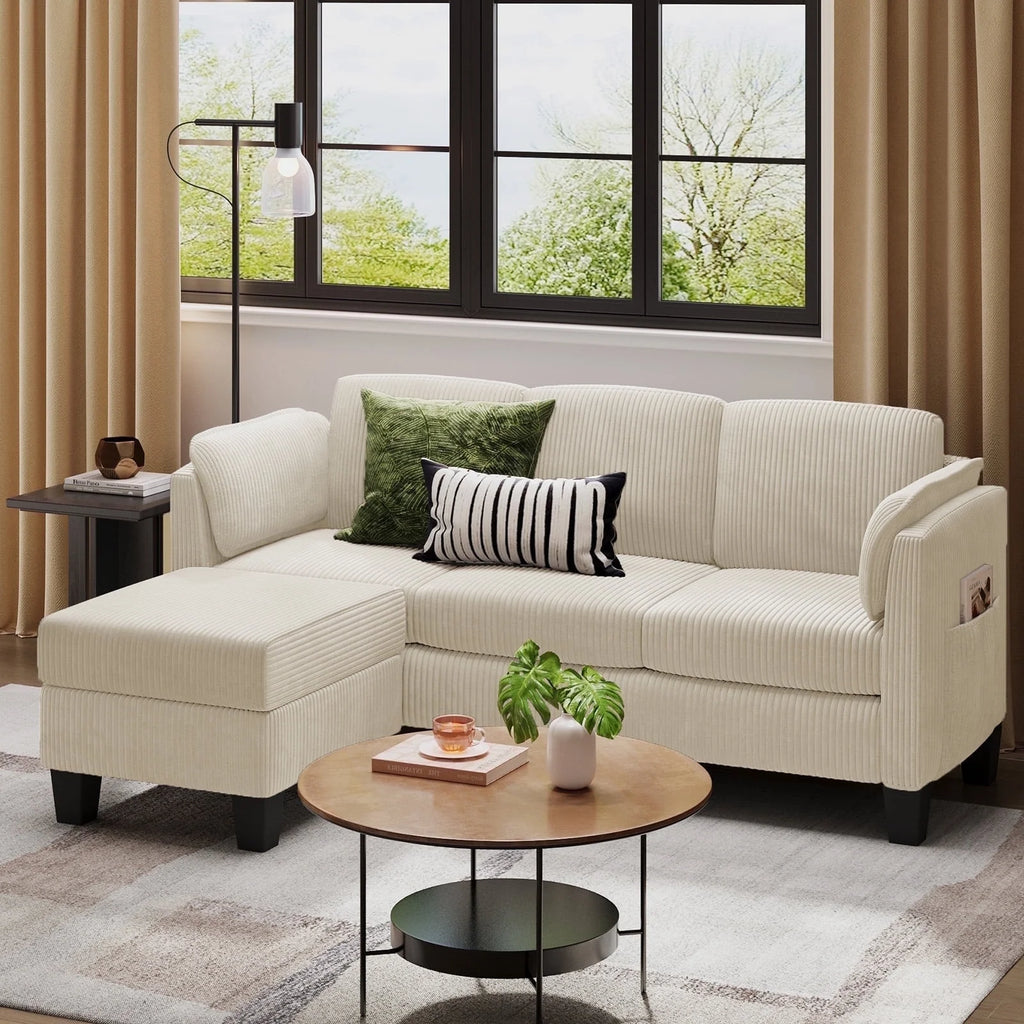 Corduroy Sectional Sofa Couches for Living Room, L-Shaped Modular Small Couch Convertible 3 Seater Sofa with Ottaman Storage,Beige