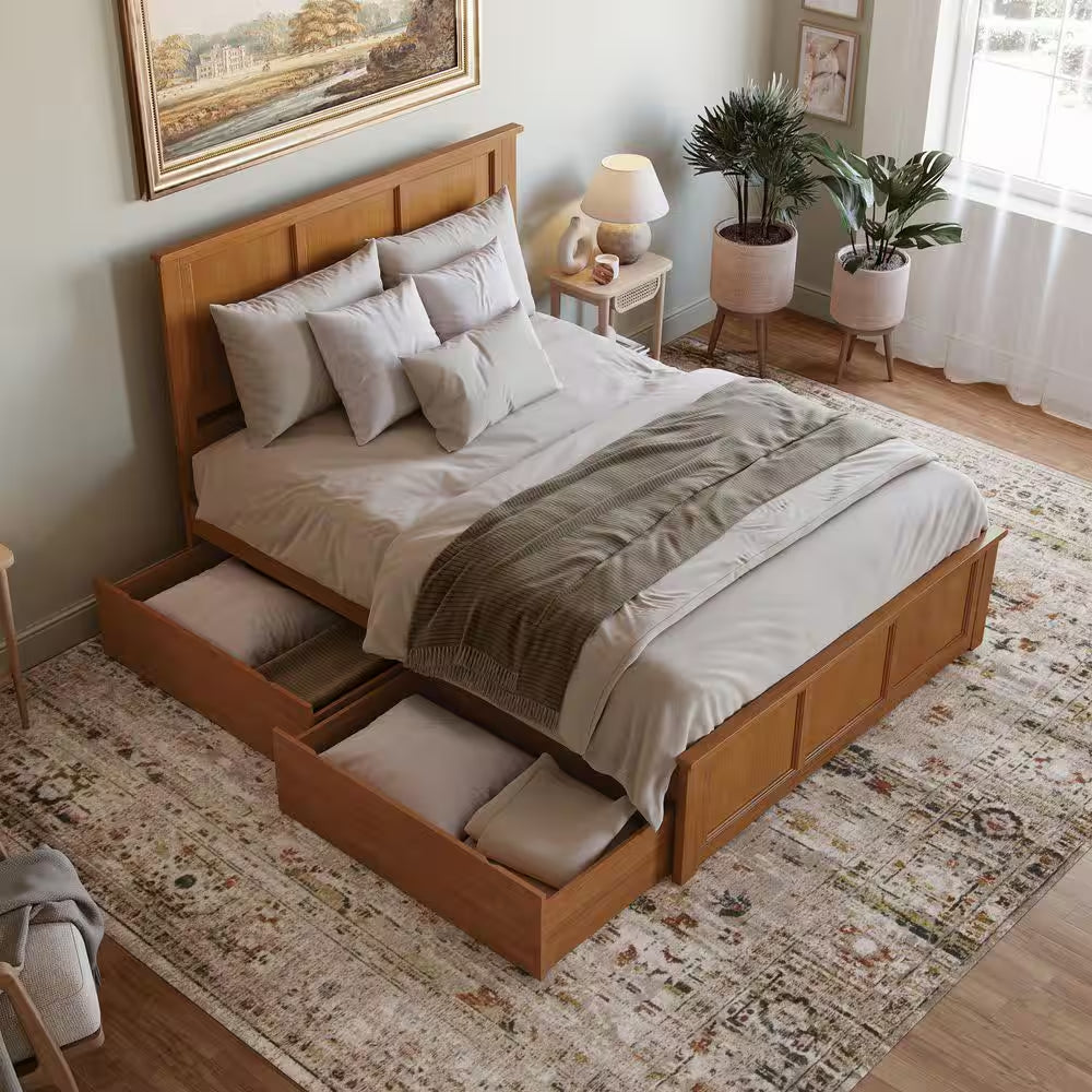 Madison Light Toffee Natural Bronze Solid Wood Frame Queen Platform Bed with Matching Footboard and Storage Drawers