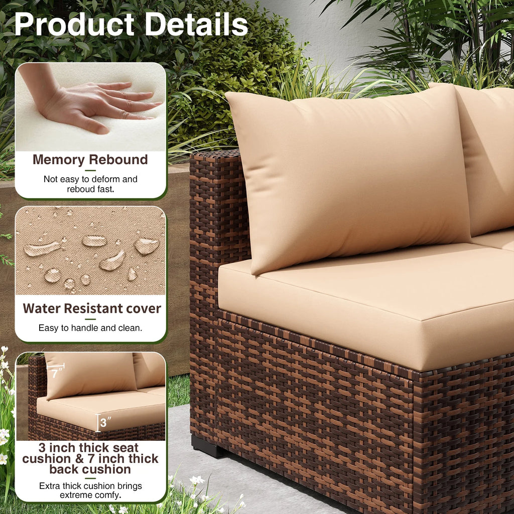 7 Pieces Patio Furniture Set All Weather Outdoor Sectional Sofa, Outdoor Modern Sectional Furniture Wicker Couch with Fire Pit Table, Thicken Beige Cushions, Water Resistant