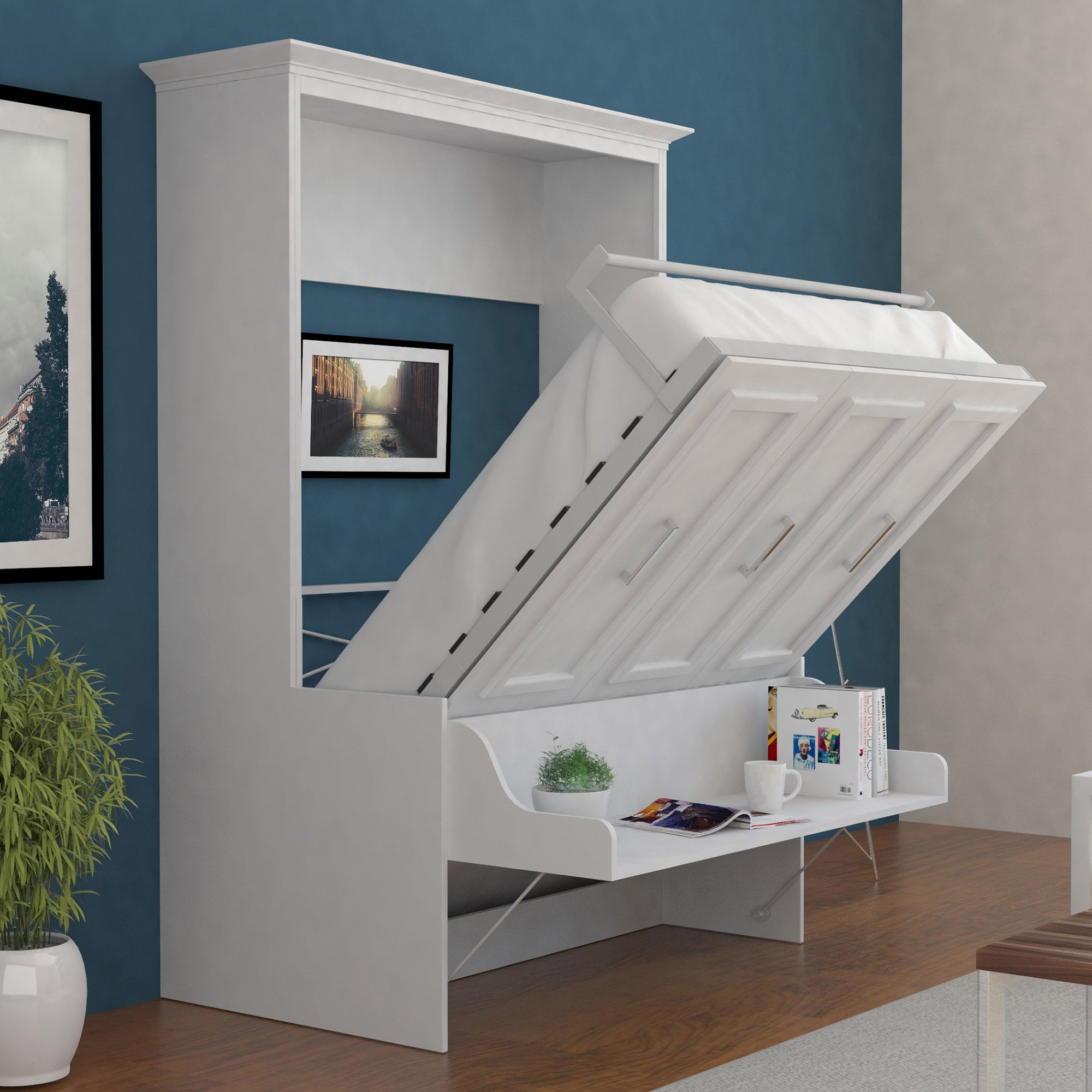 Bed & Room Porter Full Portrait Wall Bed with Desk and Two Side Towers