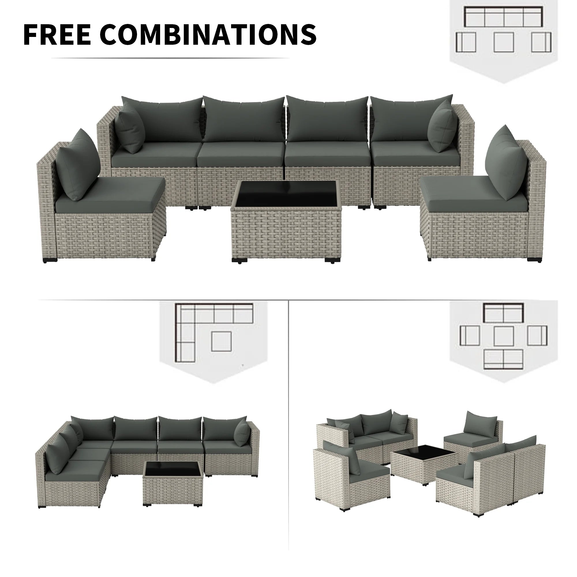 7 Pieces Patio Conversation Set, Outdoor Sectional PE Rattan Wicker Furniture Seat,Dark Gray