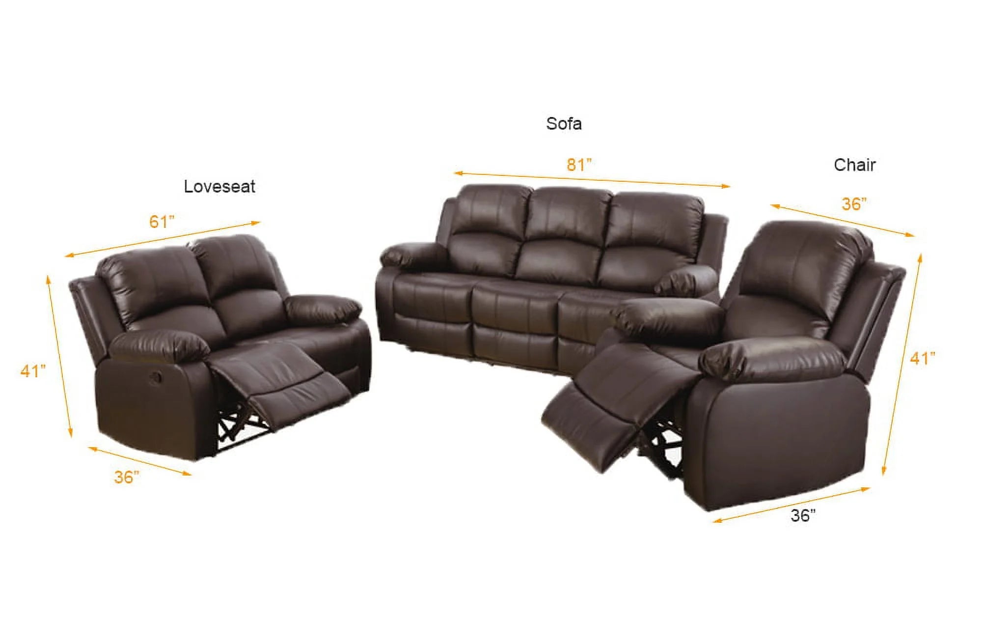 Furniture Bonded Leather Recliner Set Living Room Set, Loveseat, Brown