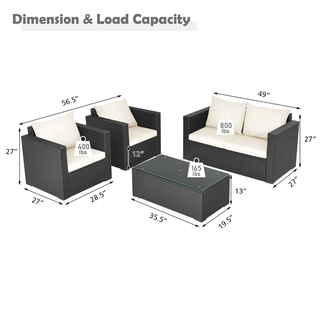 4PCS Patio Rattan Furniture Set Cushioned Sofa Chair Coffee Table off White