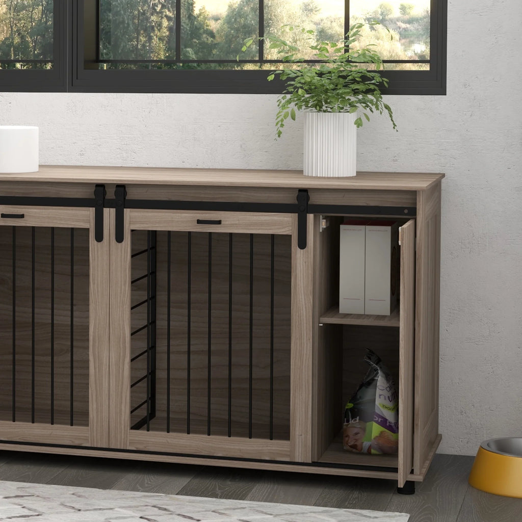 71" Dog Crate Furniture with Removable Divider for 2 Small Dogs or 1 Large Dog, Dog Kennel Furniture with Storage, Double Doors