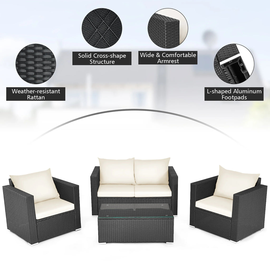 4PCS Patio Rattan Furniture Set Cushioned Sofa Chair Coffee Table off White