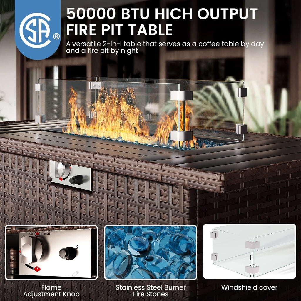 7 Pieces Patio Furniture Set All Weather Outdoor Sectional Sofa, Outdoor Modern Sectional Furniture Wicker Couch with Fire Pit Table, Thicken Beige Cushions, Water Resistant