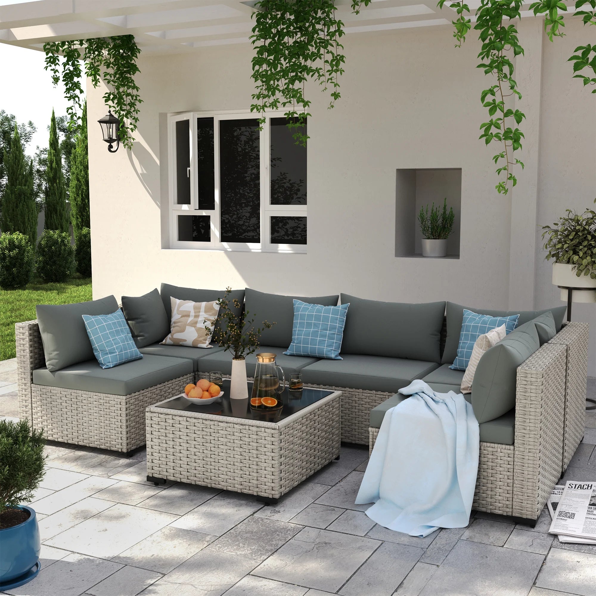 7 Pieces Patio Conversation Set, Outdoor Sectional PE Rattan Wicker Furniture Seat,Dark Gray