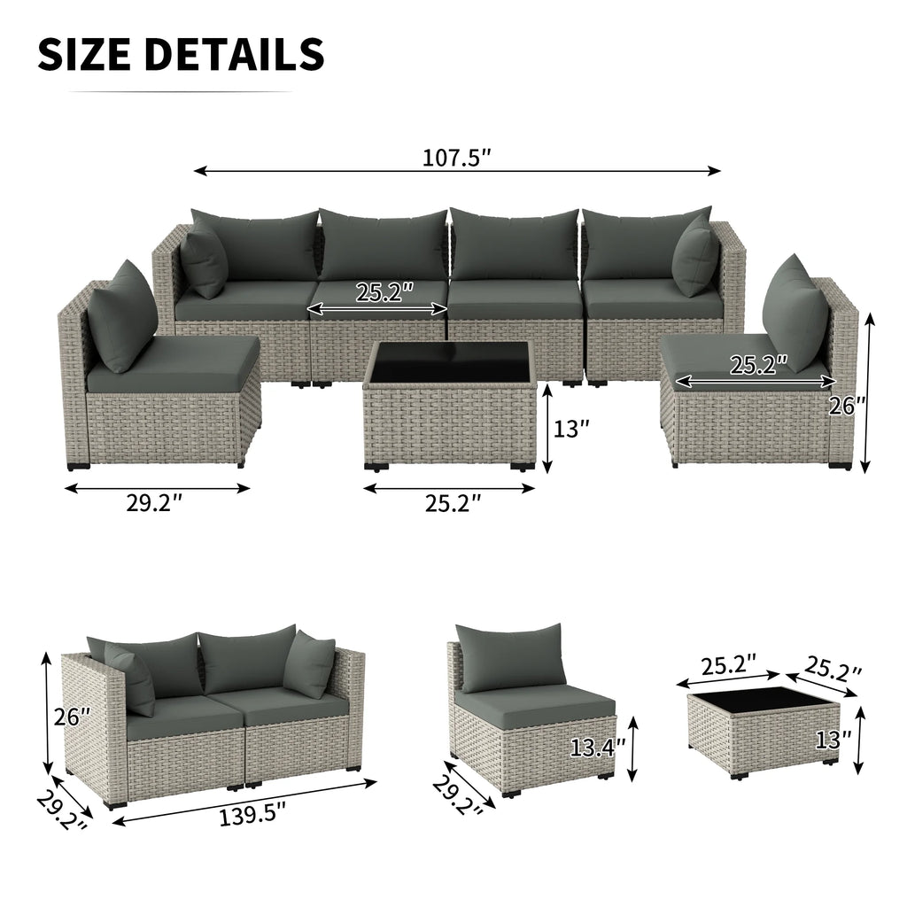 7 Pieces Patio Conversation Set, Outdoor Sectional PE Rattan Wicker Furniture Seat,Dark Gray