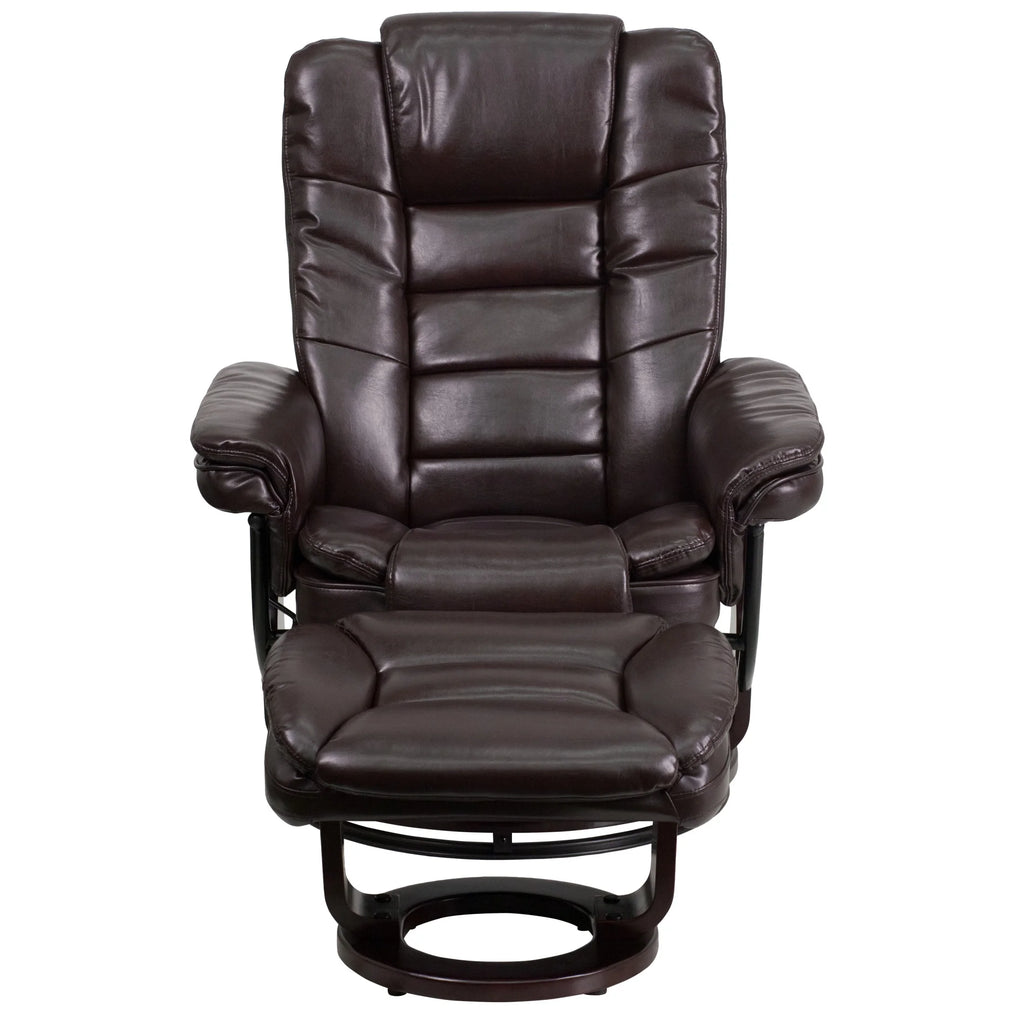 Bali Leathersoft Upholstered Recliner with Ottoman, Arms, and Headrest, Brown