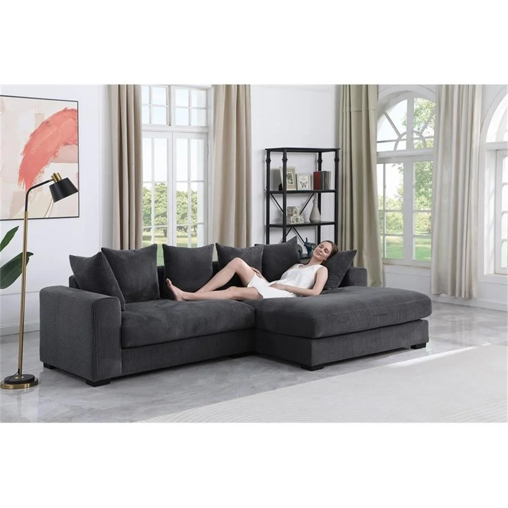 Solid Print L Shaped Sectional Sofa with Pillows, Dark Gray