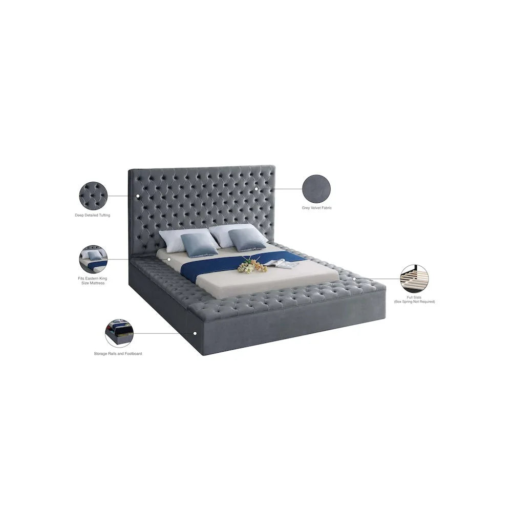 Bliss Solid Wood Tufted Velvet King Bed in Gray