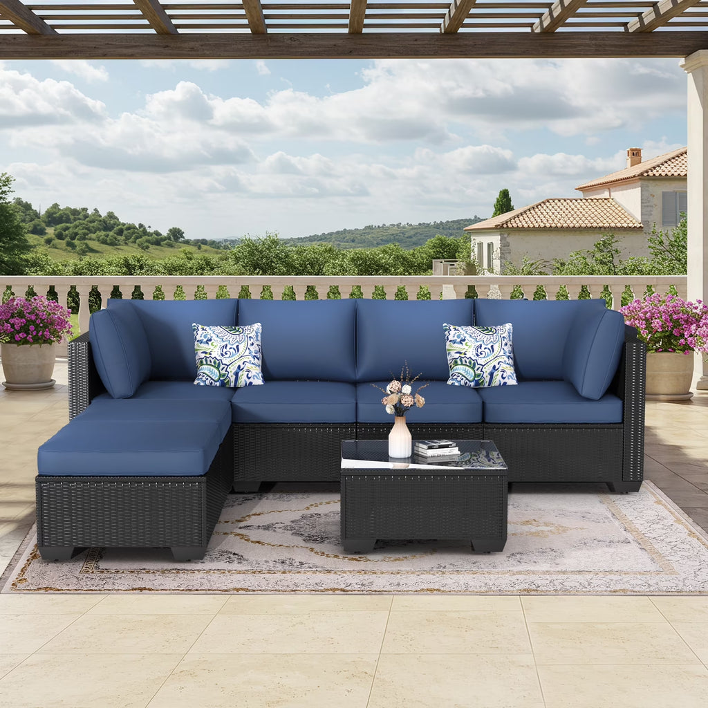 7-Piece Outdoor Sectional Sofa Patio Conversation Set, Black PE Rattan Wicker Furniture, Steel Frame in Peacock Blue Blue