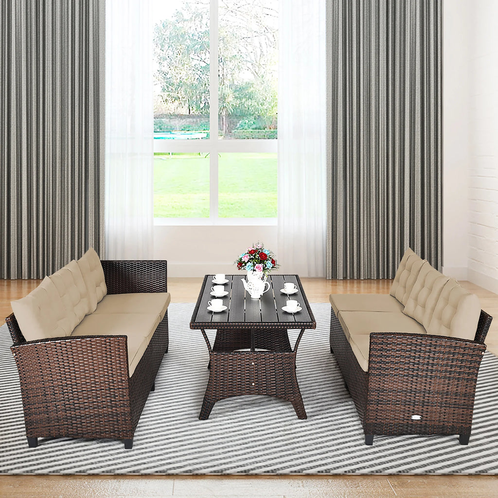 3PCS Rattan Dining Set Patio Furniture 6 Seats Sofa Cushioned
