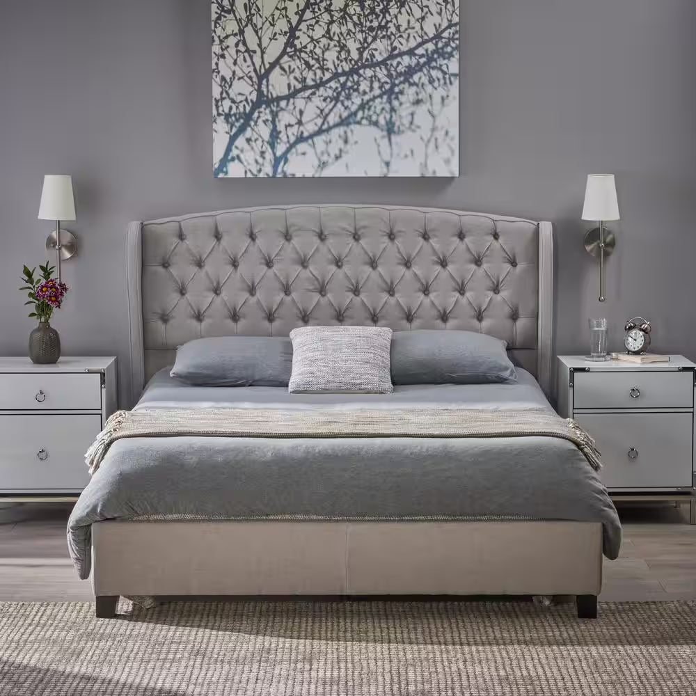 Light Gray Fully Upholstered Fabric Queen Bed Set