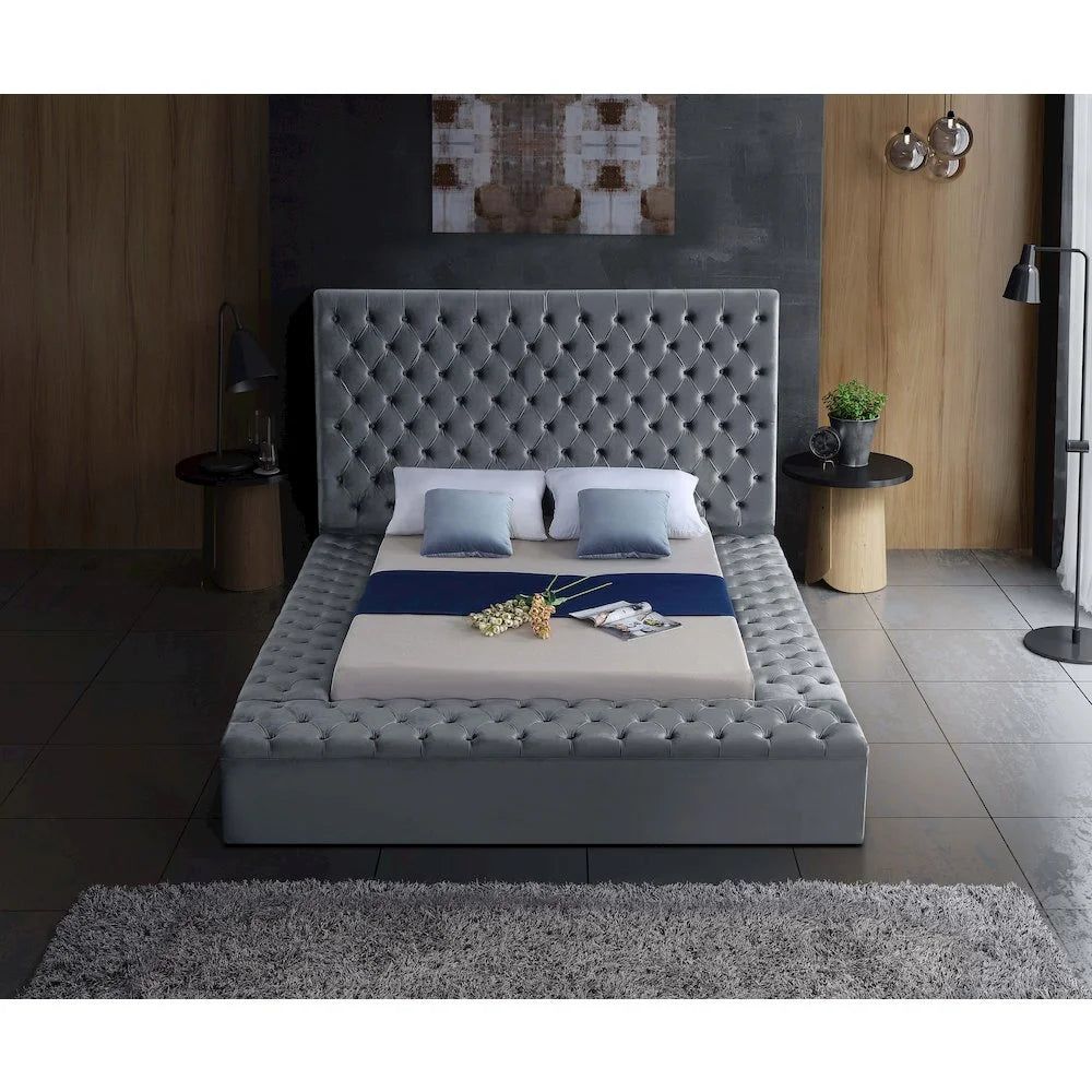 Bliss Solid Wood Tufted Velvet King Bed in Gray