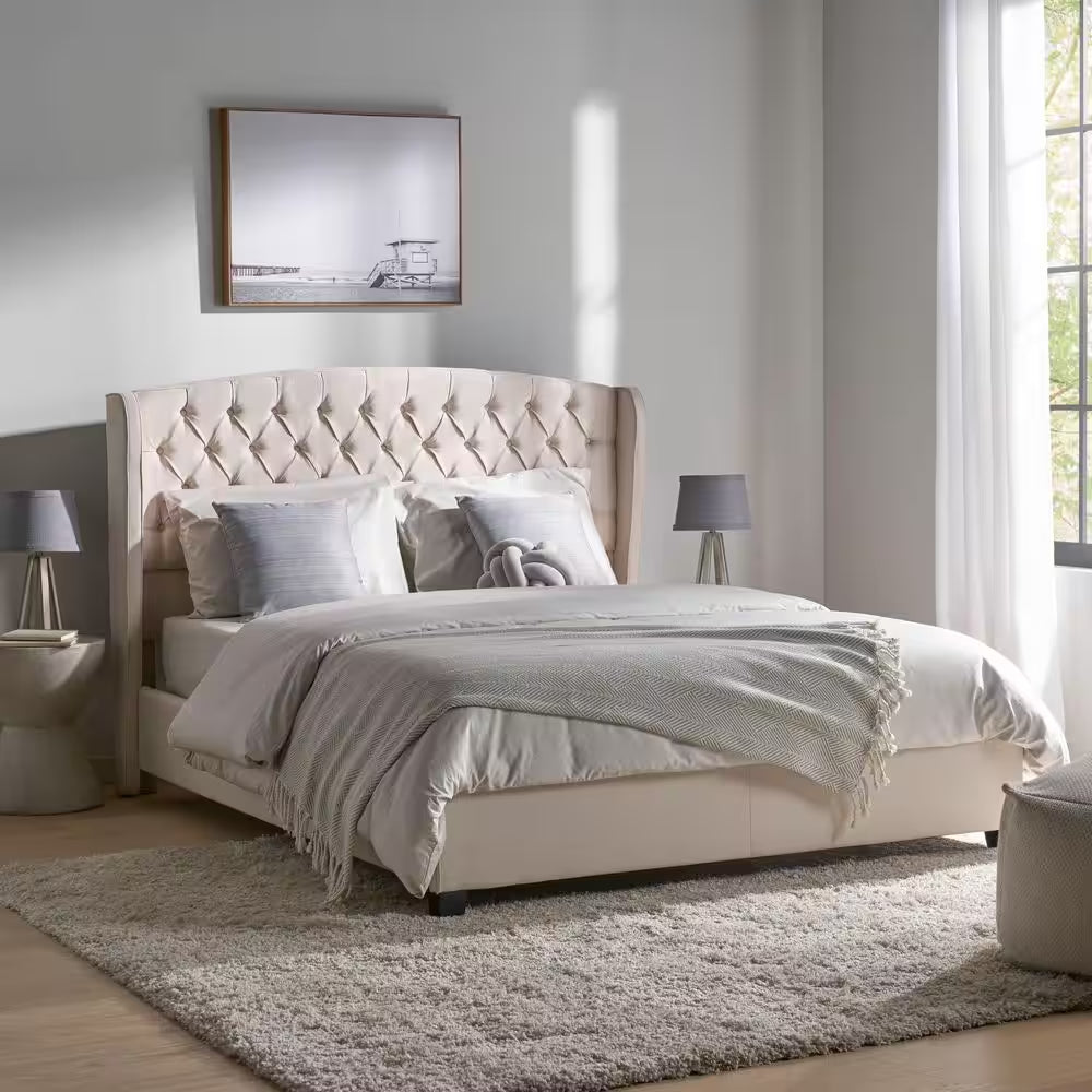 Ivory Fully Upholstered Fabric Queen Bed Set