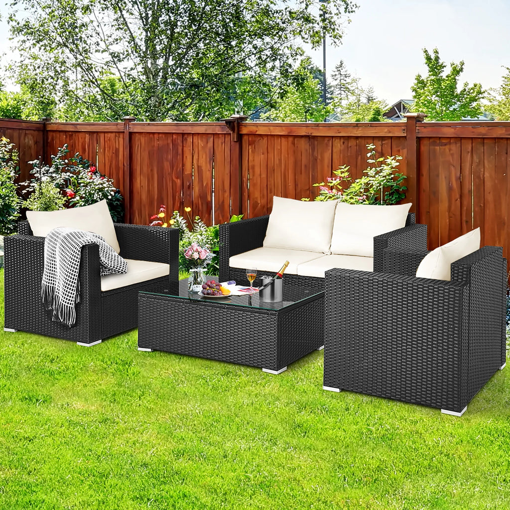 4PCS Patio Rattan Furniture Set Cushioned Sofa Chair Coffee Table off White