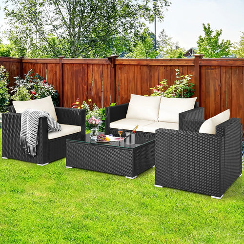 4PCS Patio Rattan Furniture Set Cushioned Sofa Chair Coffee Table off White