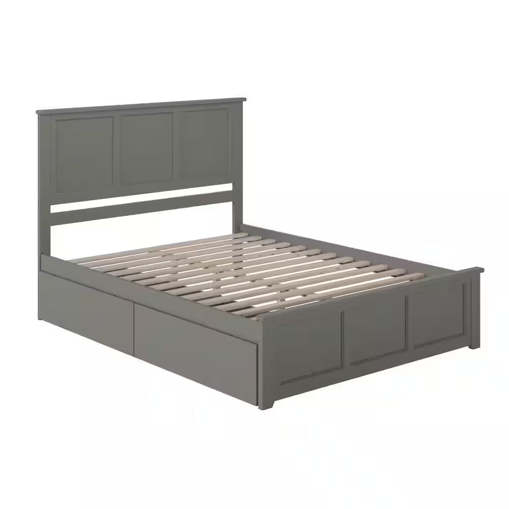 Madison Gray Solid Wood Frame King Size Storage Platform Bed with Matching Footboard with 2 Bed Drawers
