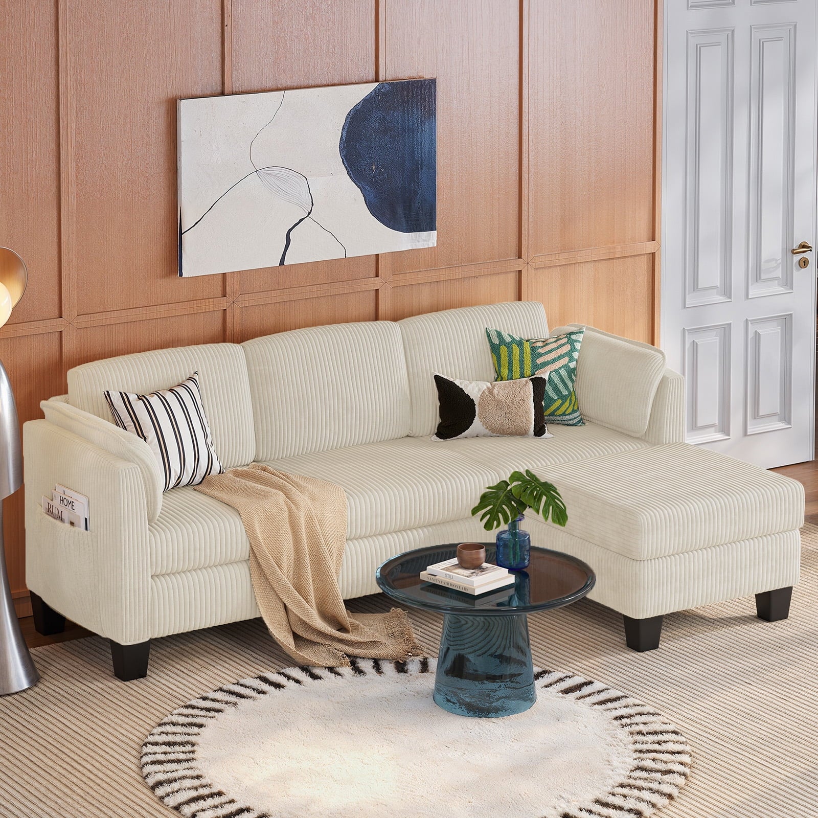 Corduroy Sectional Sofa Couches for Living Room, L-Shaped Modular Small Couch Convertible 3 Seater Sofa with Ottaman Storage,Beige