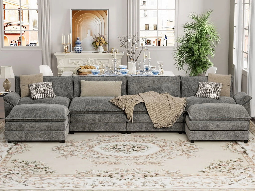 4 Seats U-Shaped Sectional Sofa with 2 Movable Ottomans for Living Room, Fabric Convertible Modular Couch, Gray