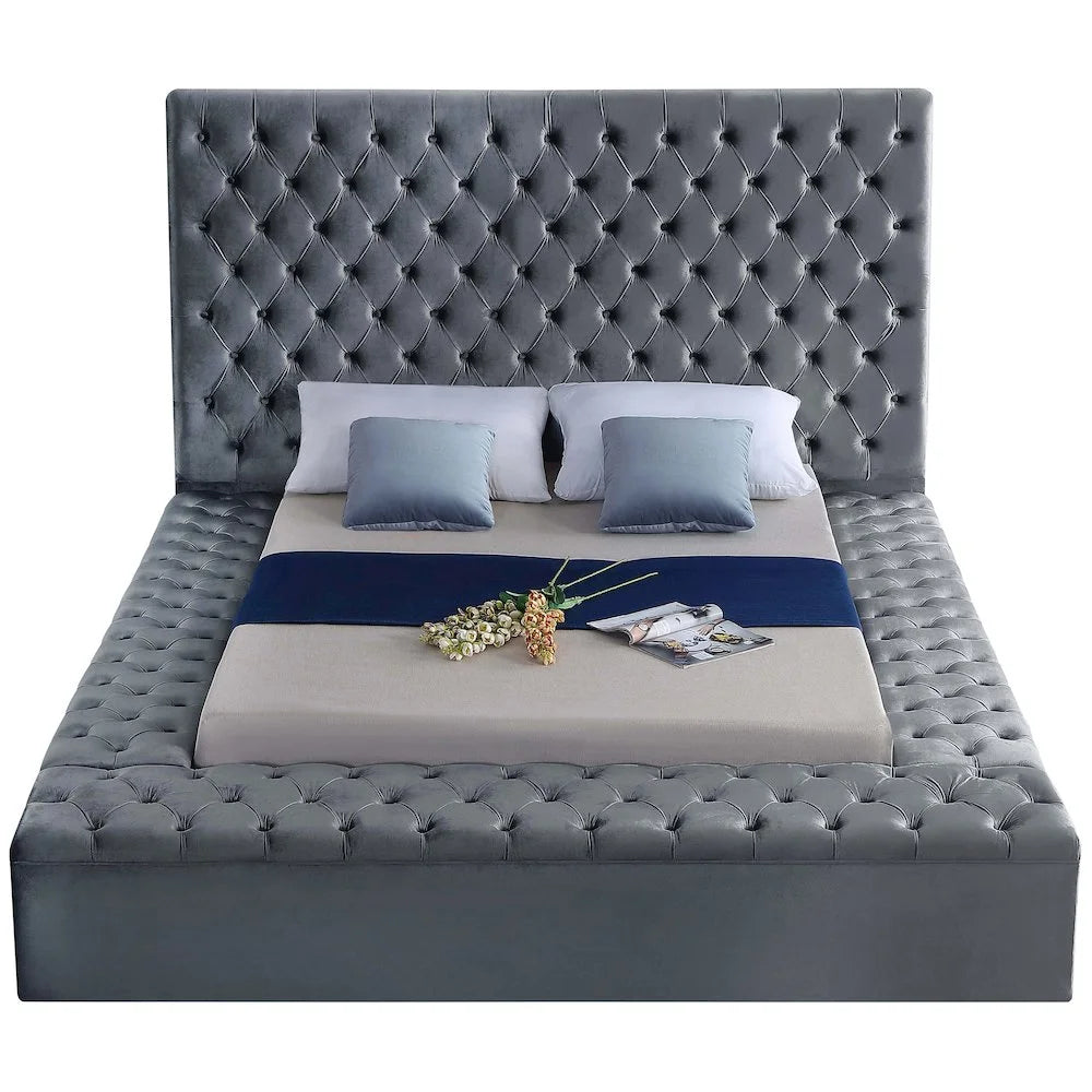 Bliss Solid Wood Tufted Velvet King Bed in Gray