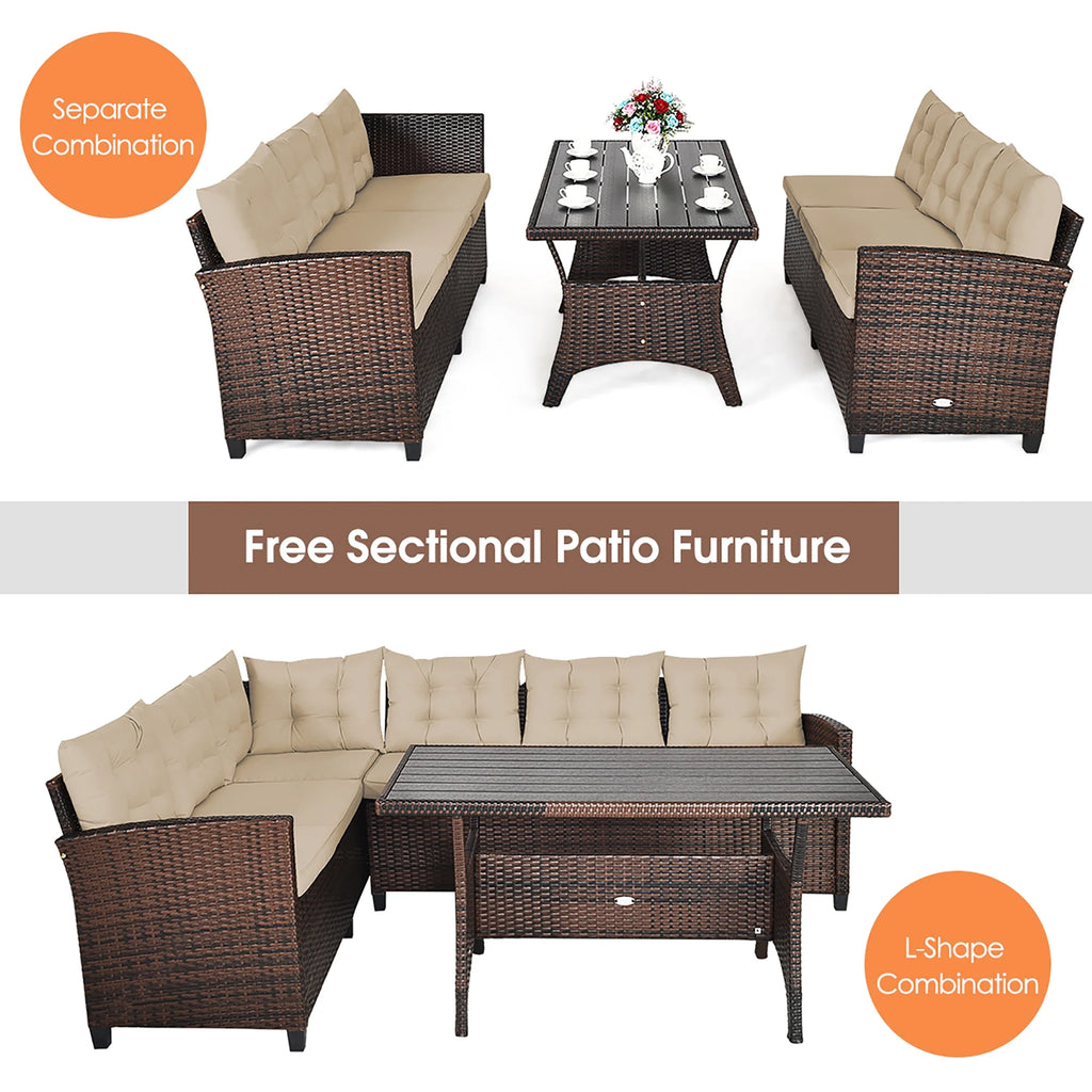 3PCS Rattan Dining Set Patio Furniture 6 Seats Sofa Cushioned