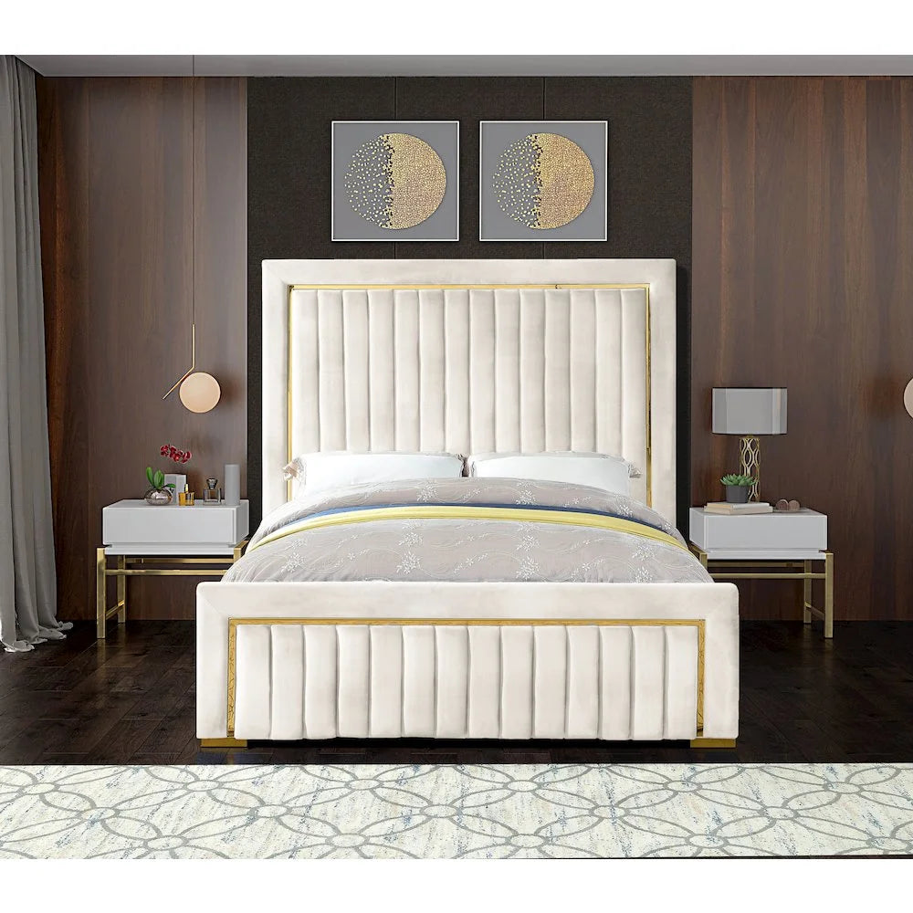 Dolce Solid Wood and Velvet Queen Bed in Cream