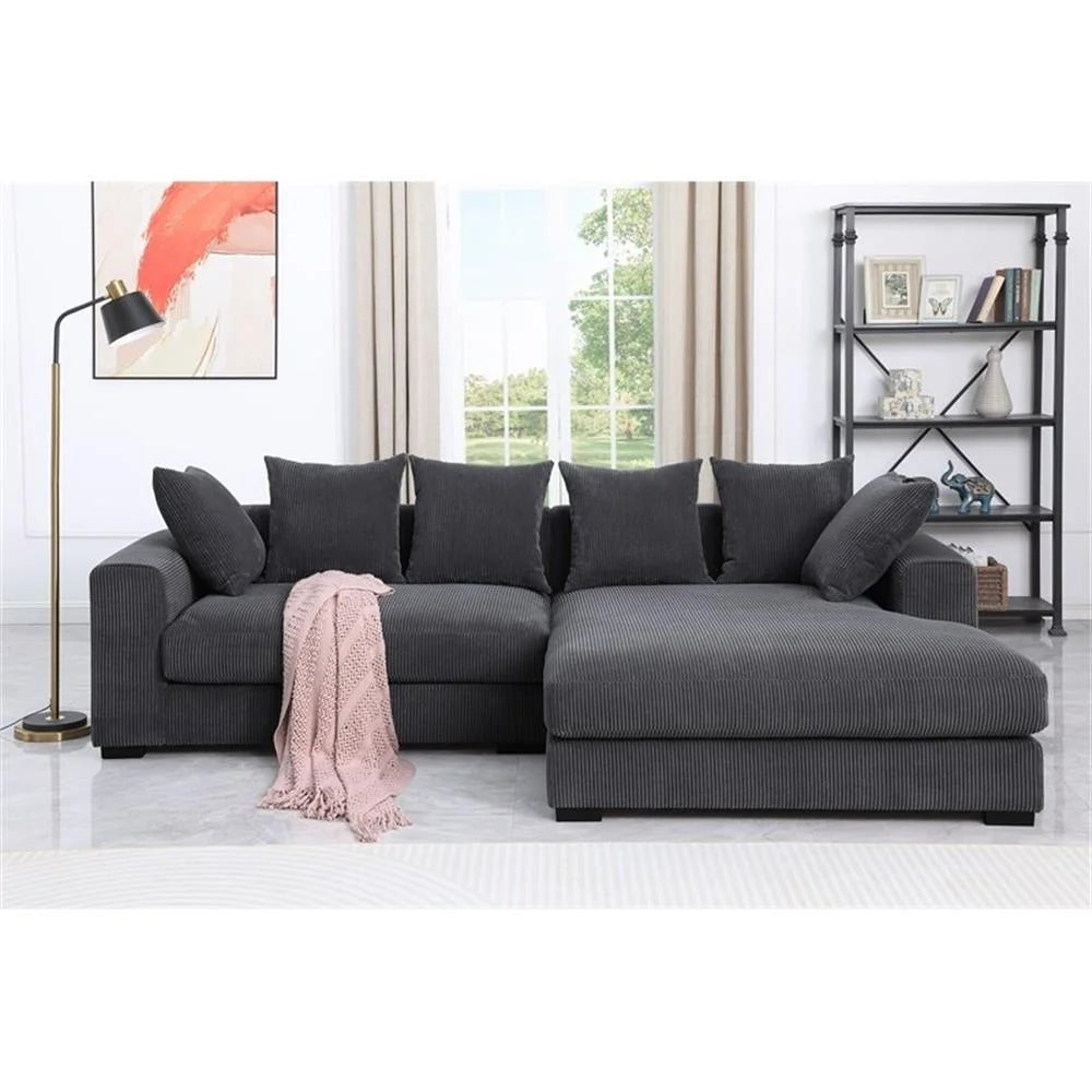 Solid Print L Shaped Sectional Sofa with Pillows, Dark Gray
