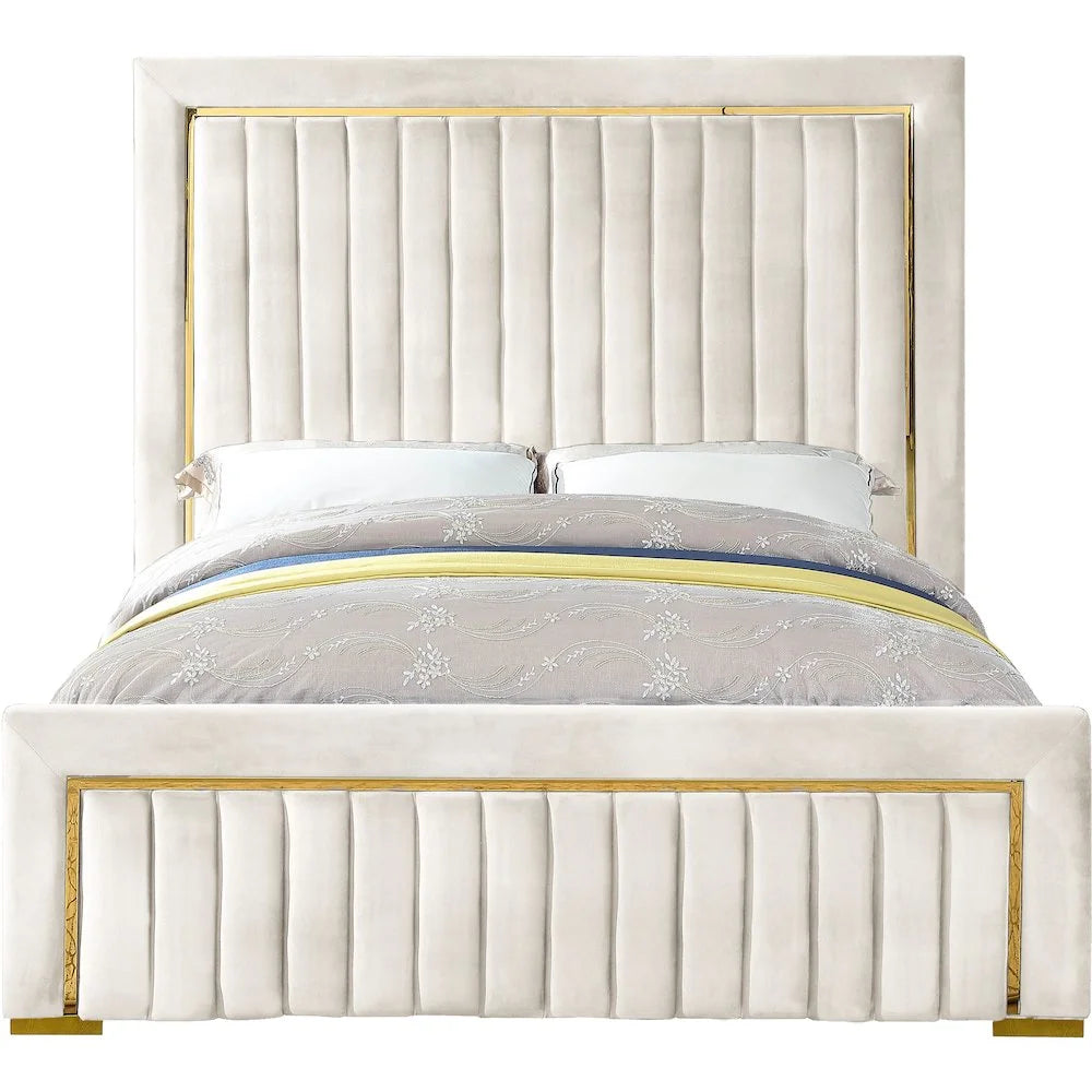 Dolce Solid Wood and Velvet Queen Bed in Cream