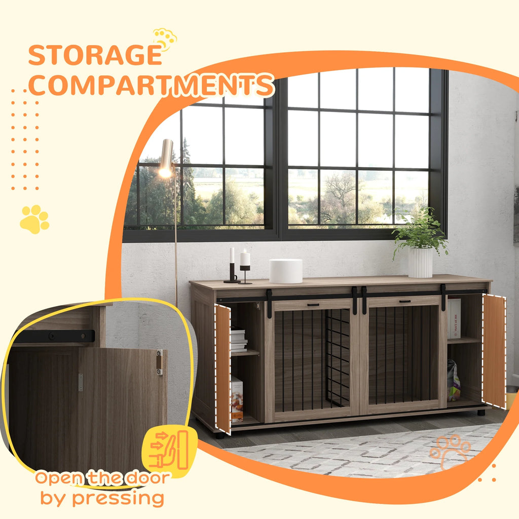 71" Dog Crate Furniture with Removable Divider for 2 Small Dogs or 1 Large Dog, Dog Kennel Furniture with Storage, Double Doors