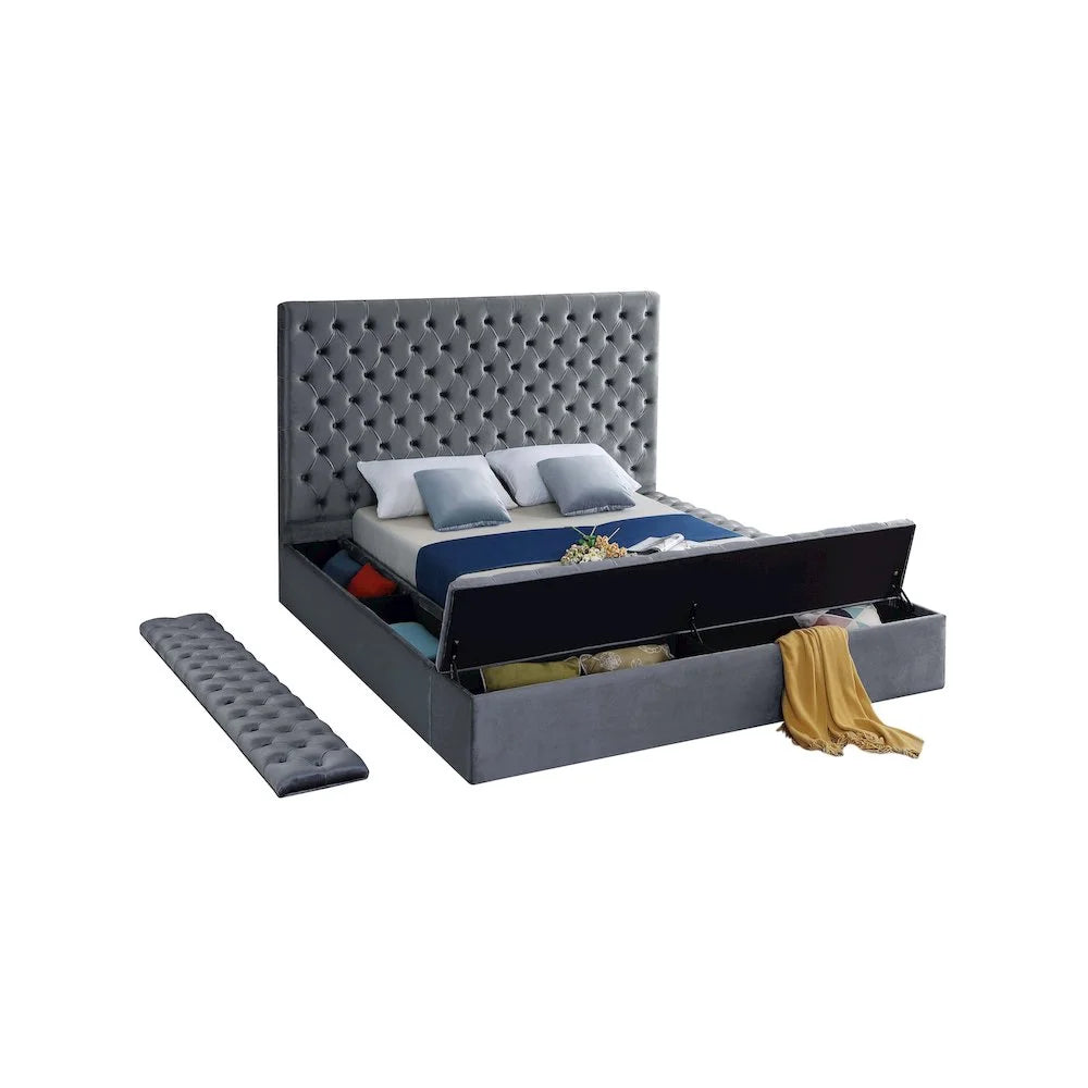 Bliss Solid Wood Tufted Velvet King Bed in Gray