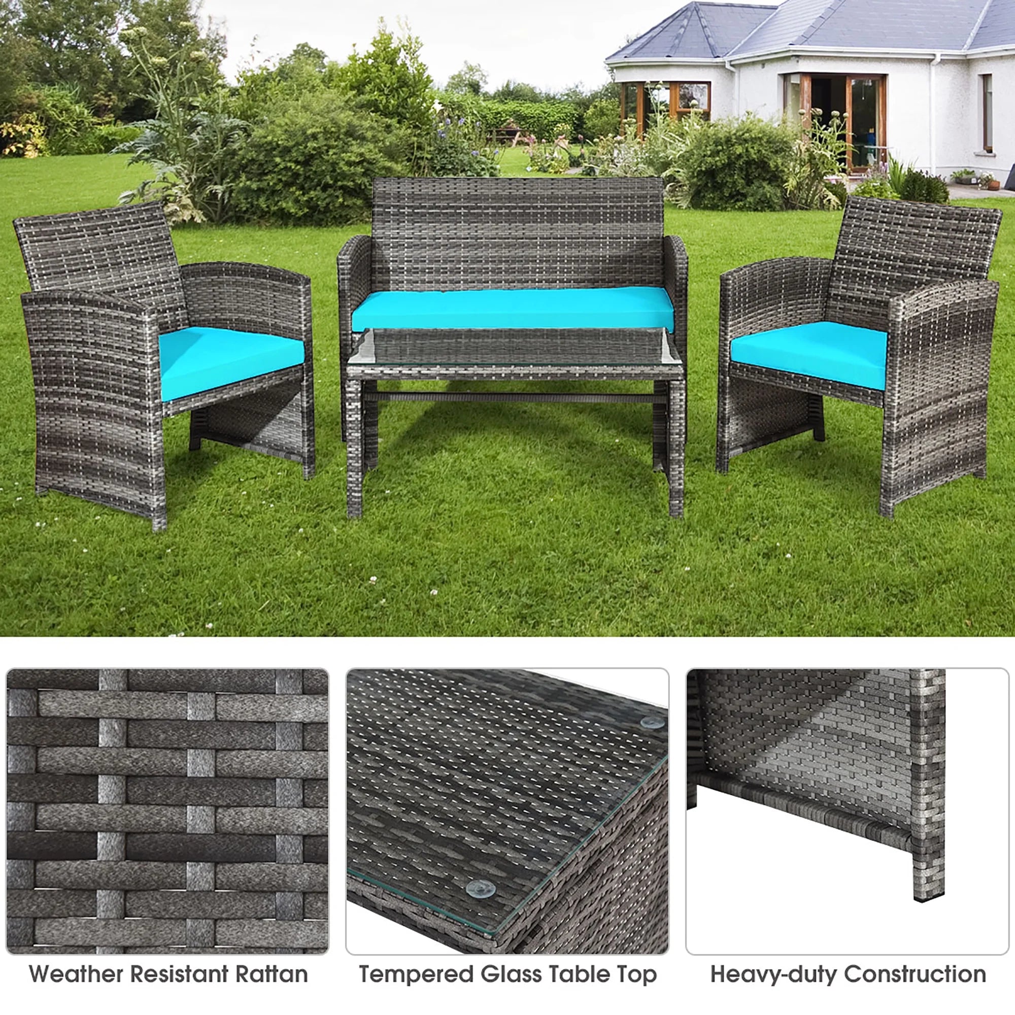 4PCS Patio Rattan Furniture Set Conversation Glass Table Top Cushioned