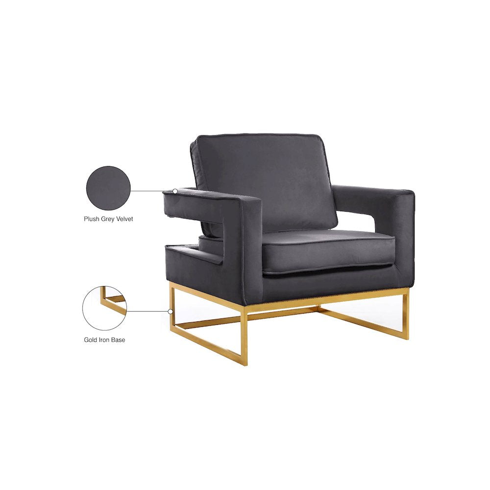 Noah Gray Velvet Accent Chair with Gold Iron Base