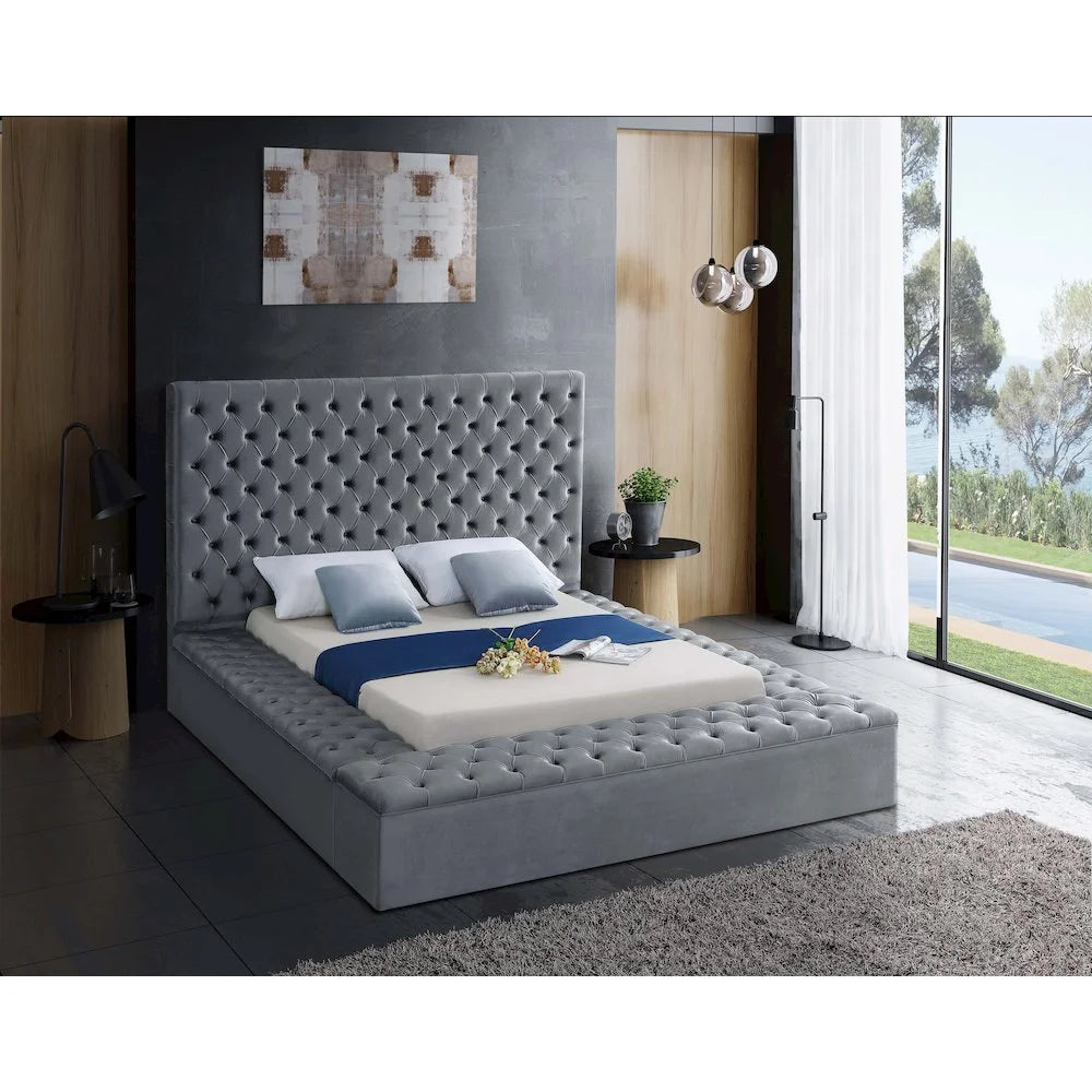 Bliss Solid Wood Tufted Velvet King Bed in Gray