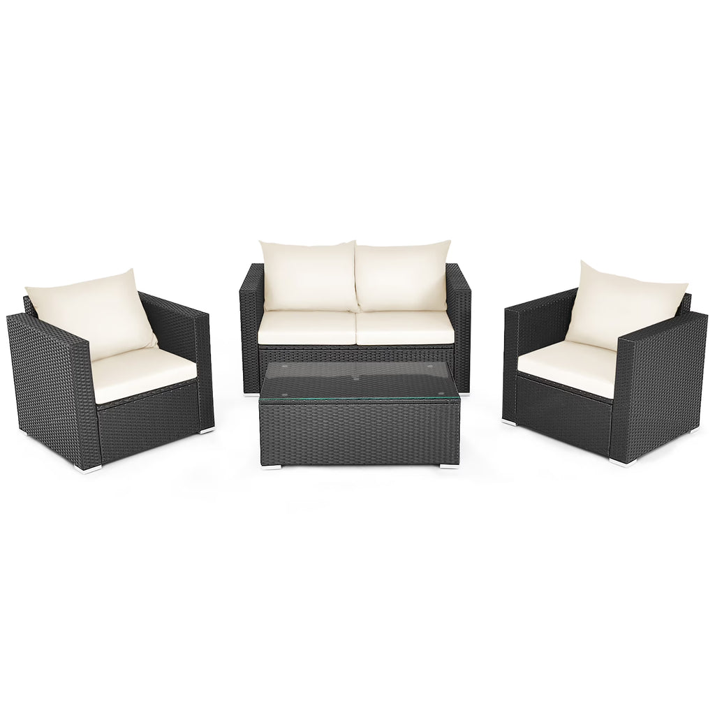 4PCS Patio Rattan Furniture Set Cushioned Sofa Chair Coffee Table off White
