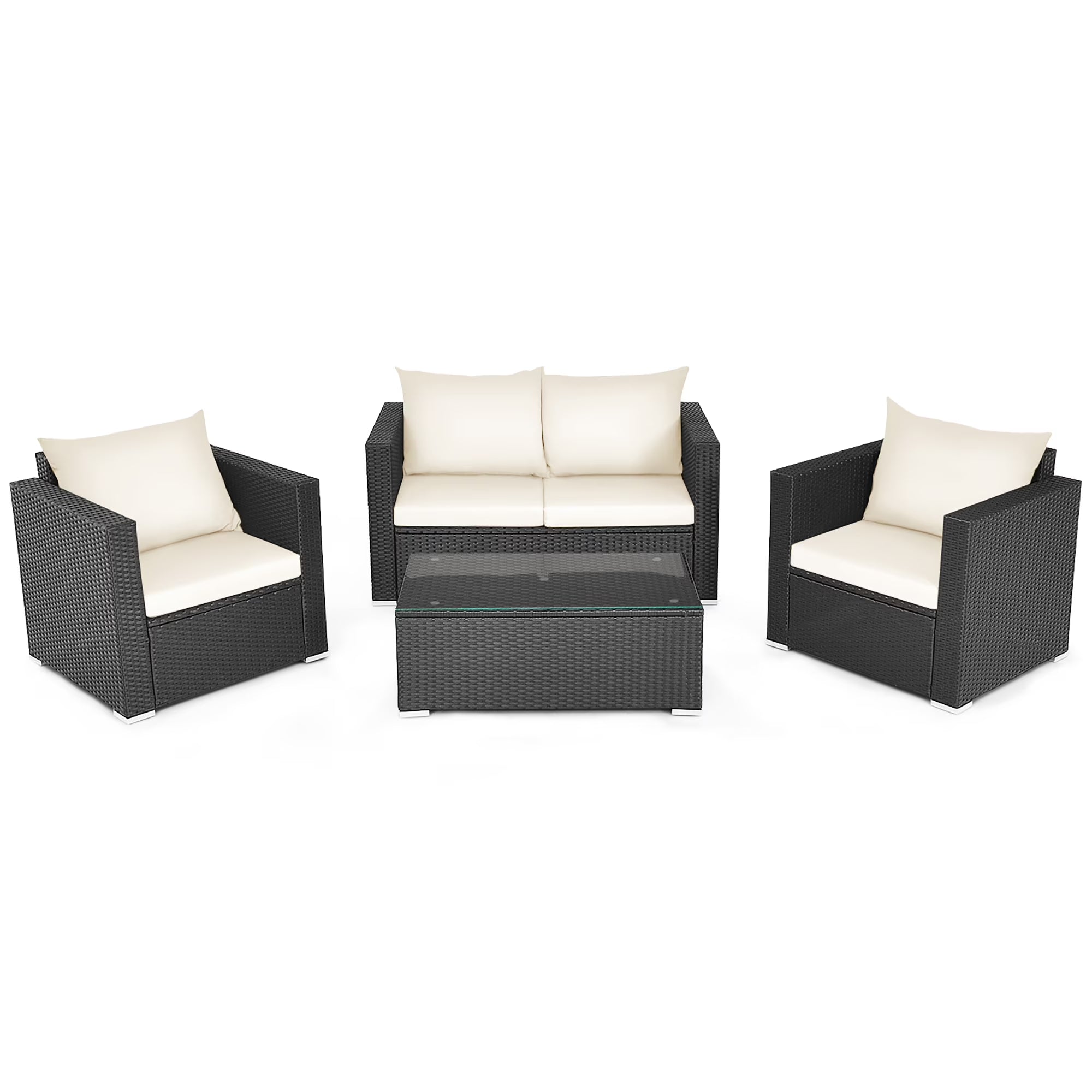 4PCS Patio Rattan Furniture Set Cushioned Sofa Chair Coffee Table off White