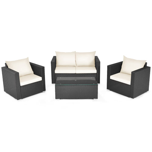 4PCS Patio Rattan Furniture Set Cushioned Sofa Chair Coffee Table off White