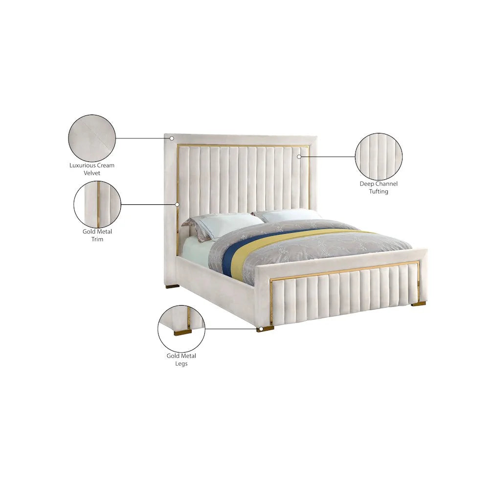 Dolce Solid Wood and Velvet Queen Bed in Cream