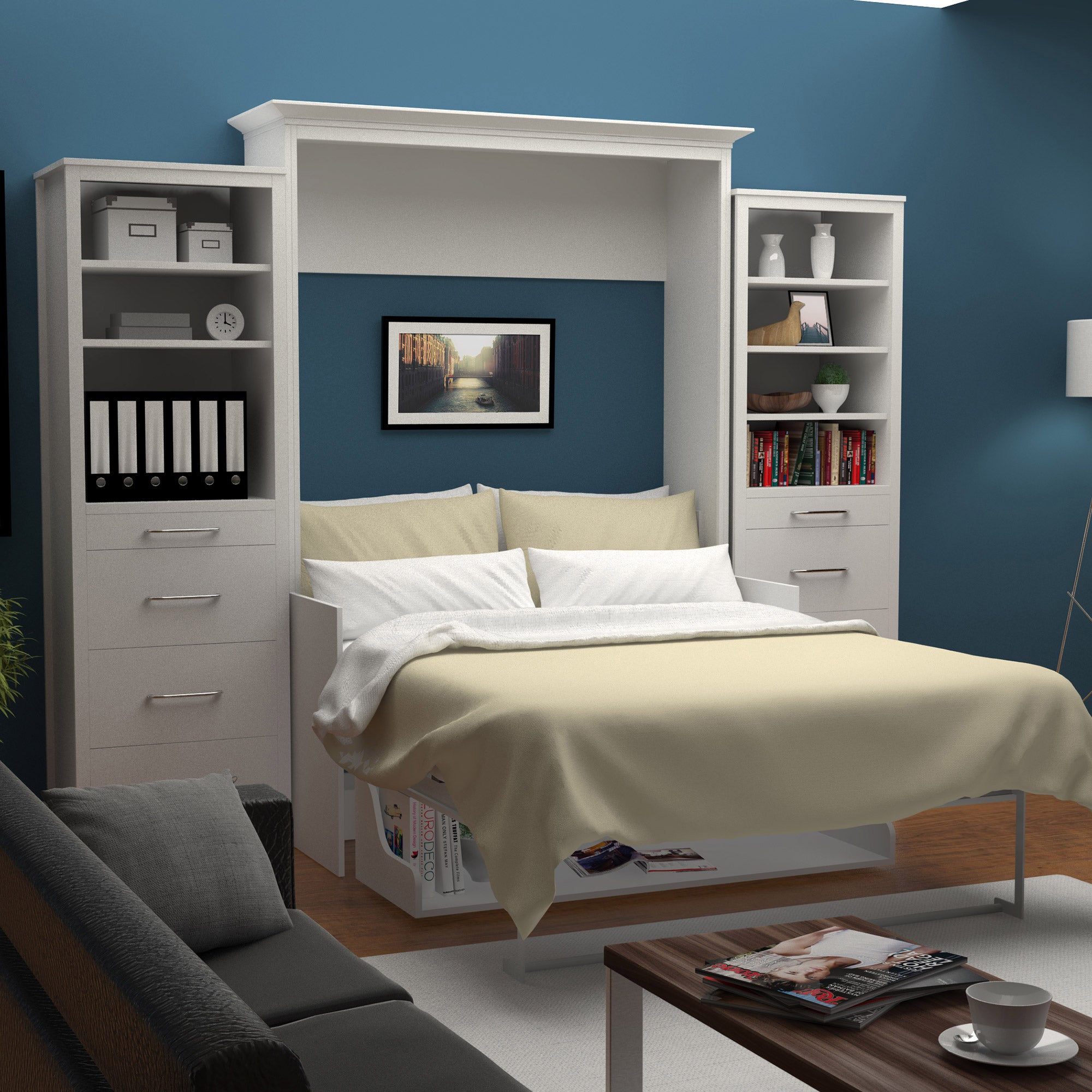 Bed & Room Porter Full Portrait Wall Bed with Desk and Two Side Towers