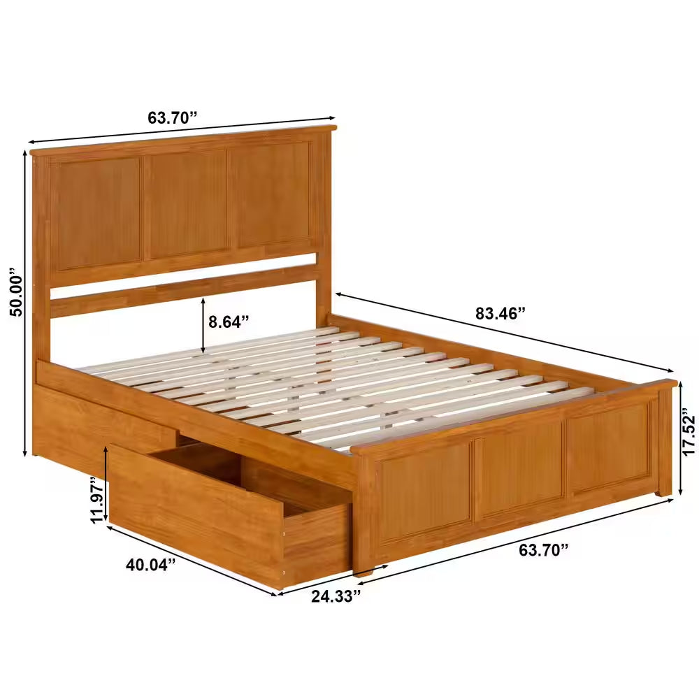 Madison Light Toffee Natural Bronze Solid Wood Frame Queen Platform Bed with Matching Footboard and Storage Drawers