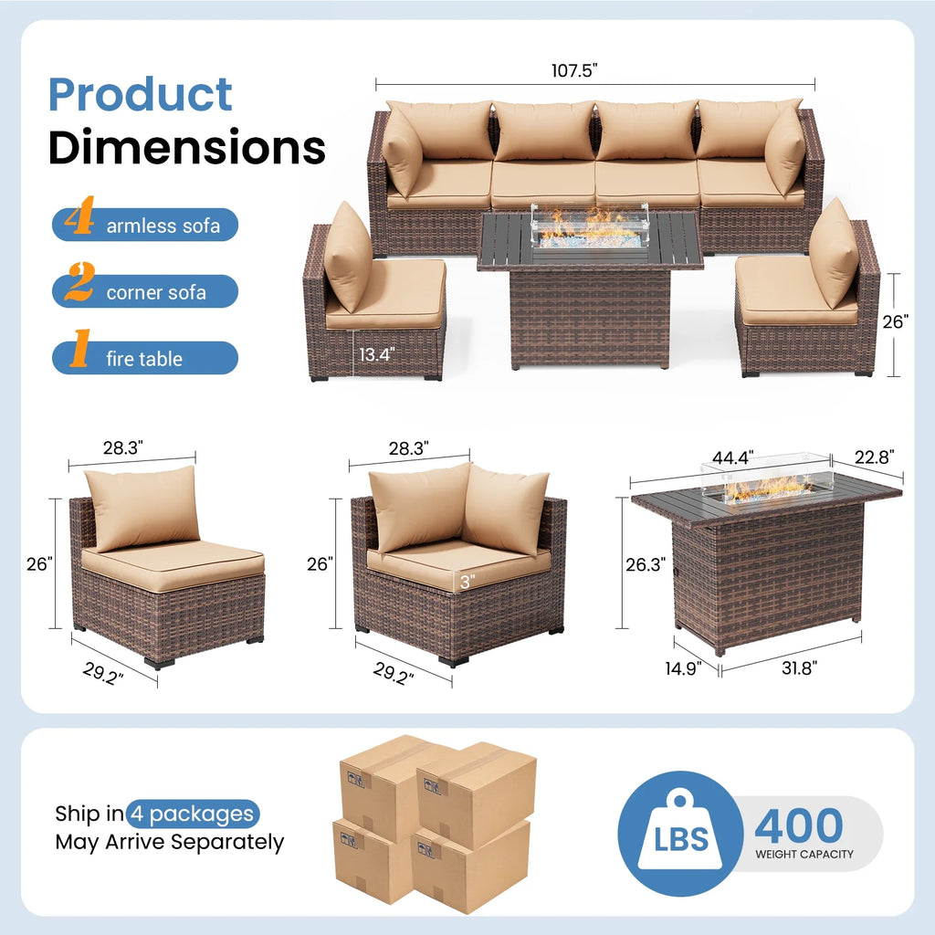 7 Pieces Patio Furniture Set All Weather Outdoor Sectional Sofa, Outdoor Modern Sectional Furniture Wicker Couch with Fire Pit Table, Thicken Beige Cushions, Water Resistant