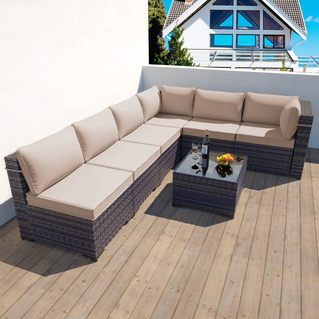 7 Piece Outdoor Patio Furniture Set PE Rattan Wicker Patio Sectional Sofa Conversation Set(Sand)