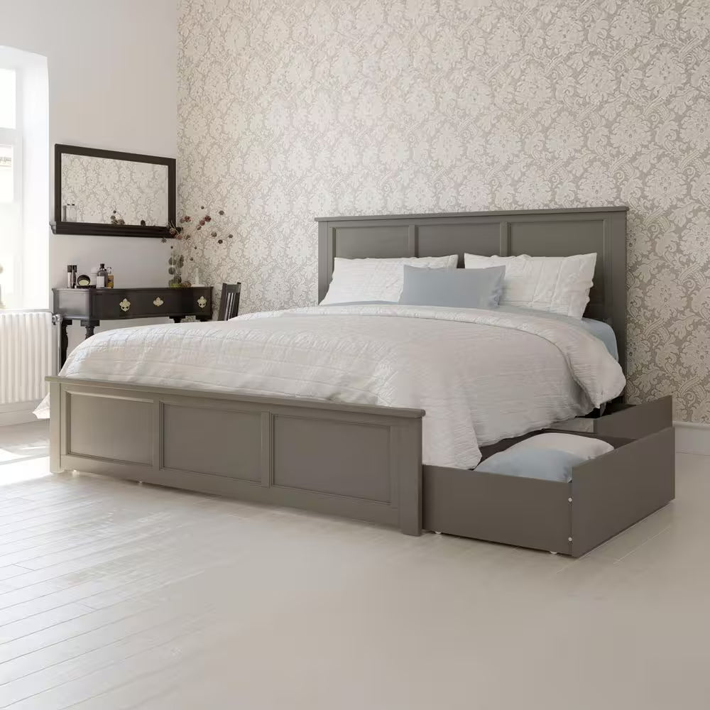 Madison Gray Solid Wood Frame King Size Storage Platform Bed with Matching Footboard with 2 Bed Drawers